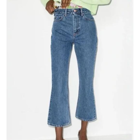 Ganni Betzy Cropped Bootcut Jeans Size 30W / 32L Medium Blue Rigid Denim - Picture 1 of 14